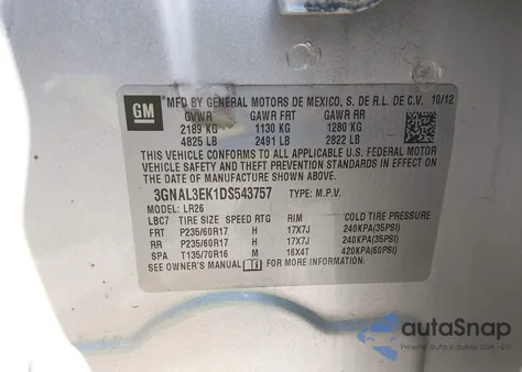 2013 Chevrolet Captiva Sport Lt из США, поврежденный, VIN 3GNAL3EK1DS543757